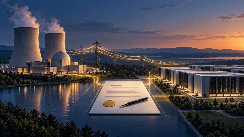 Editorial illustration of a long-term power agreement connecting nuclear generation, transmission infrastructure and a data-center campus.