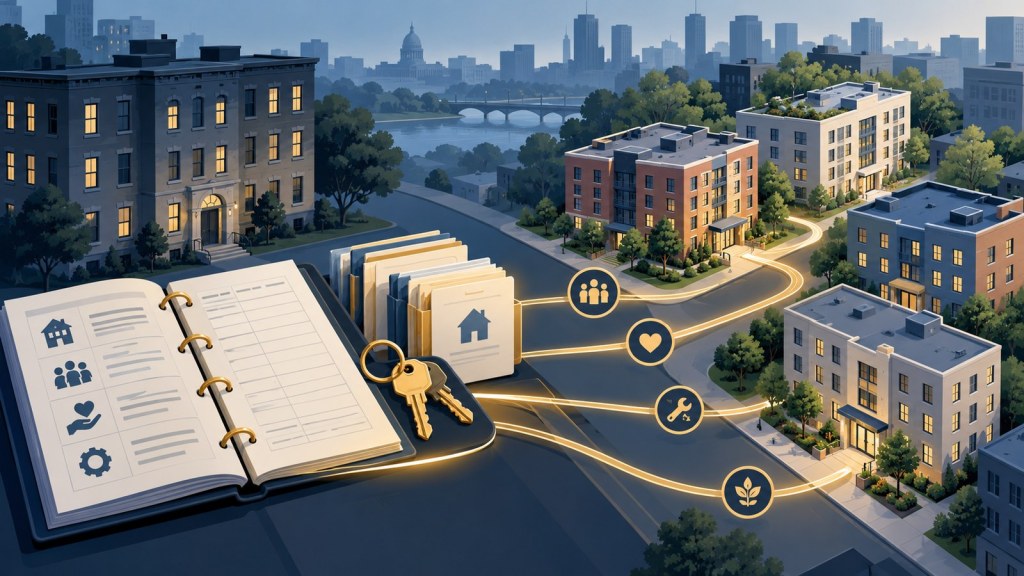 Editorial illustration of supportive-housing properties connected by a continuous service line to an open ledger, contract files, and keys during an orderly organizational transition.