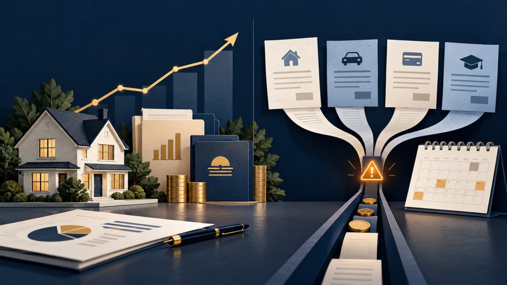 Editorial illustration contrasting a household balance sheet with rising home and financial assets against mortgage, auto, card and student-loan payments narrowing into a monthly cash-flow warning.
