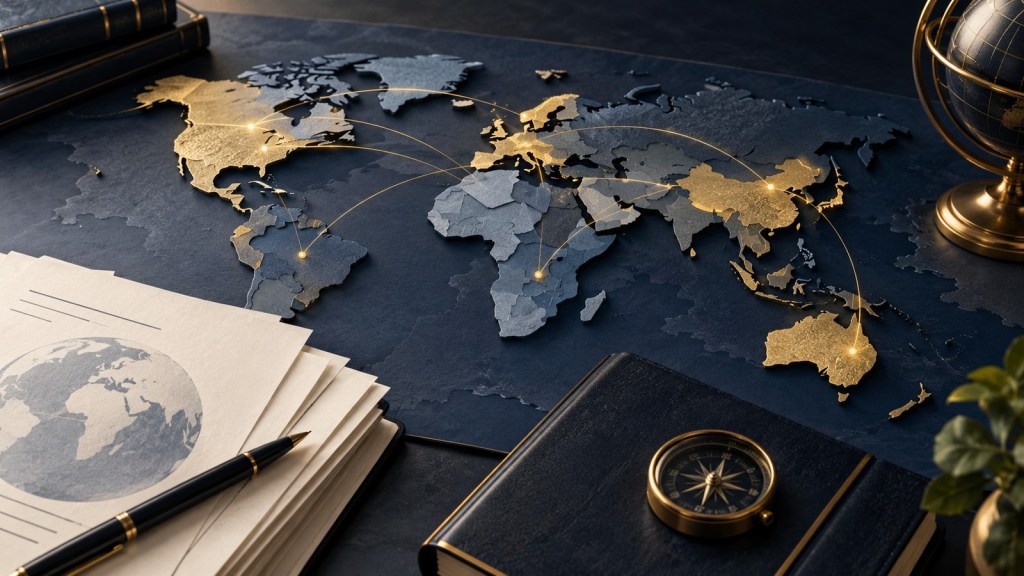 Original navy-and-gold editorial illustration of a world map with selective gold regions and connecting arcs, beside finance reports, a compass and a globe, representing uneven global economic growth; not a geographic data chart.