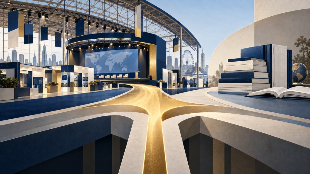 Editorial illustration of an international live-events venue and scholarly books dividing along gold capital-allocation paths.