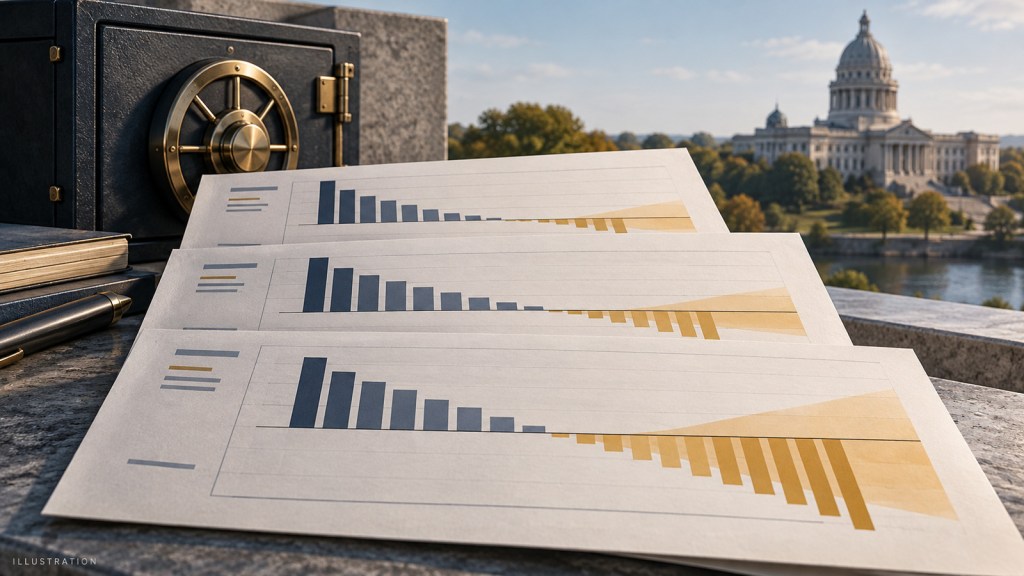 Illustration of three multi-year budget forecast sheets beside a reserve vault and state capitol.
