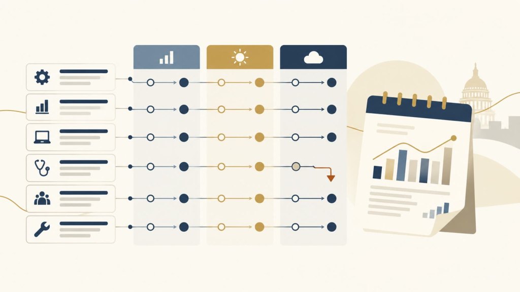 Editorial illustration of a workforce-planning dashboard with role rows, three hiring scenarios, a report calendar, and a downward revision marker.