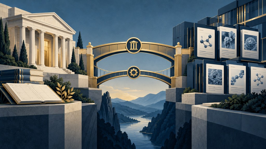 Illustration of a nonprofit foundation connected by governance bridges to a portfolio of life-science investments