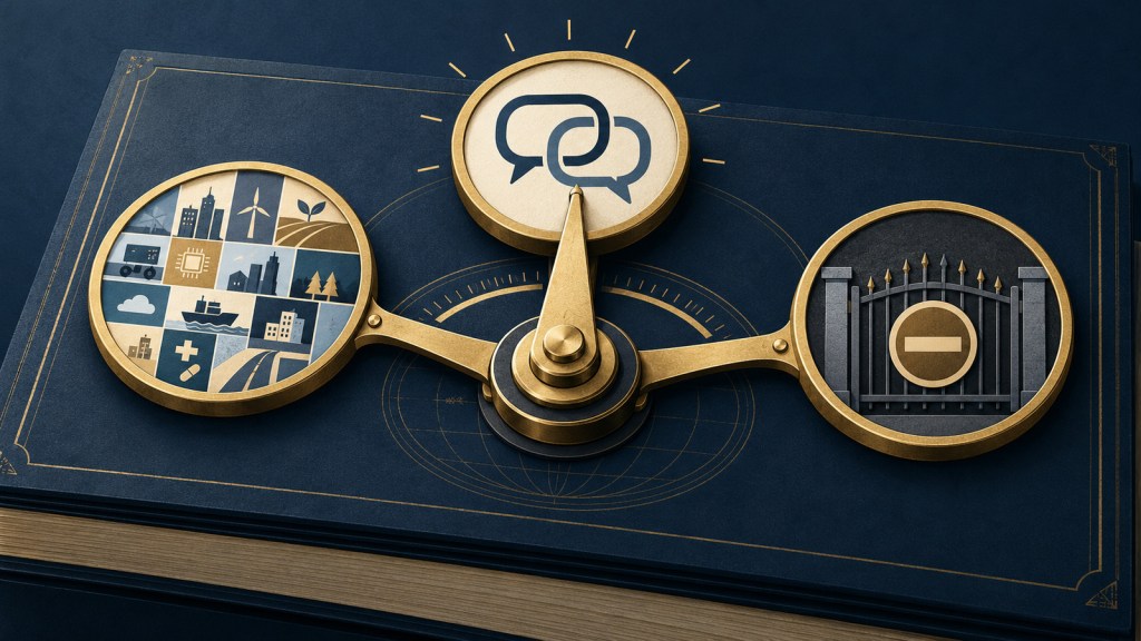 Editorial illustration of a portfolio balance connecting diversified assets, ownership engagement, and an exclusion gate