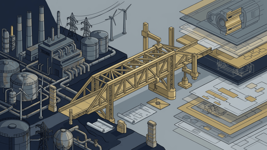 Industrial facilities and engineering blueprints connected by a gold bridge, illustrating uncertain acquisition synergies.