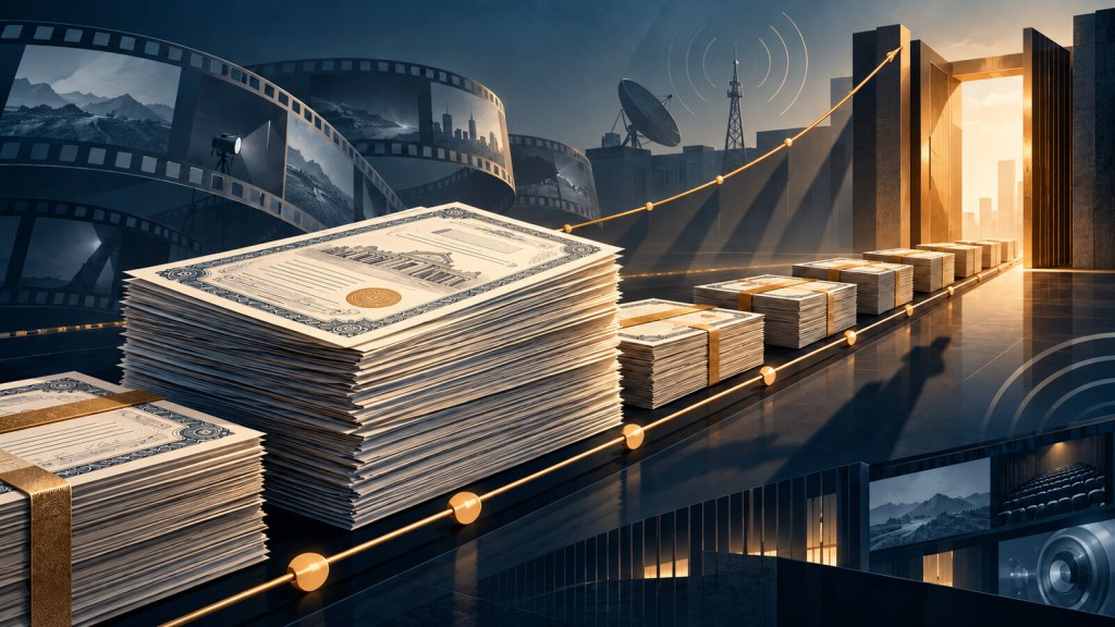 Editorial illustration of bond documents moving along a financing timeline toward a media acquisition closing gate as interest costs rise.