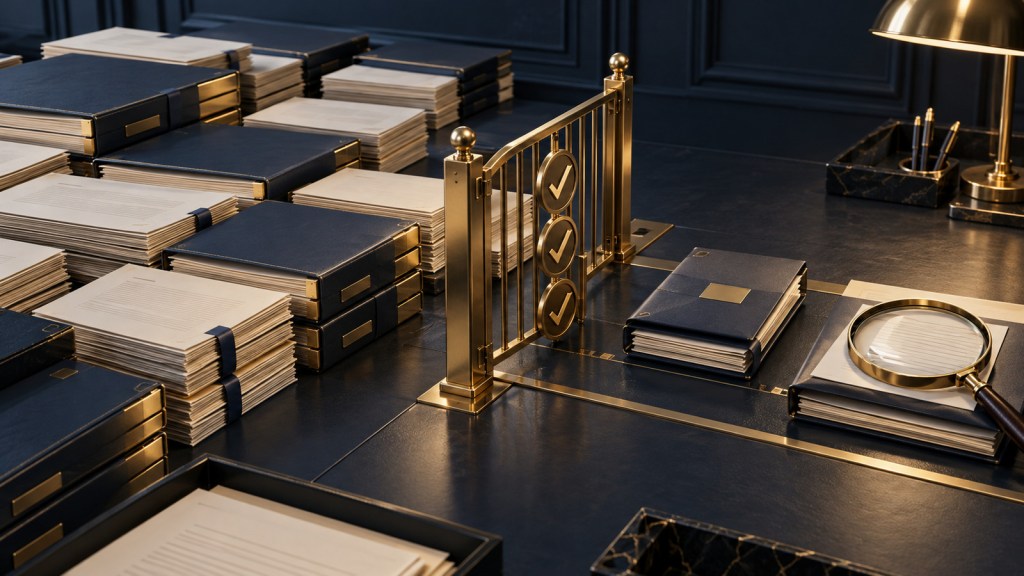 Capital commitment folders waiting behind a narrow underwriting gate while selected private-credit loan files undergo review.