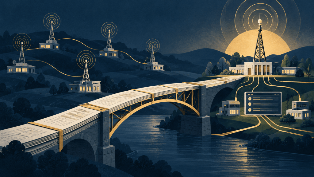 Editorial illustration of local radio stations linked by a ledger-page bridge to shared infrastructure and donor systems