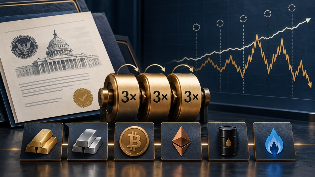 Editorial illustration of an SEC approval document, three daily-reset leverage drums marked 3×, and symbols for gold, silver, bitcoin, ether, oil and natural gas.