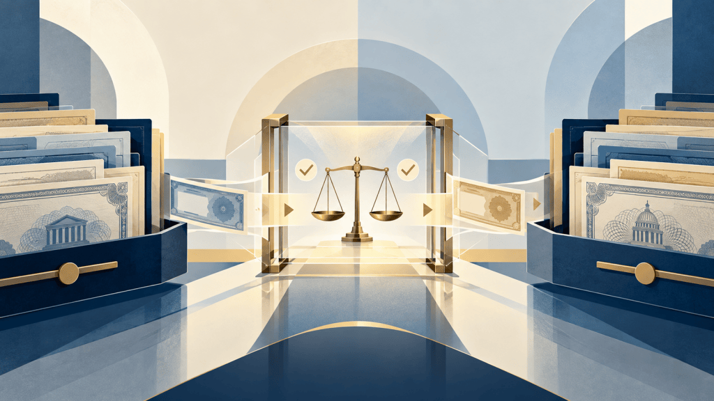 Two bond portfolios exchange securities through a transparent pricing gate with a balanced scale and verification marks.