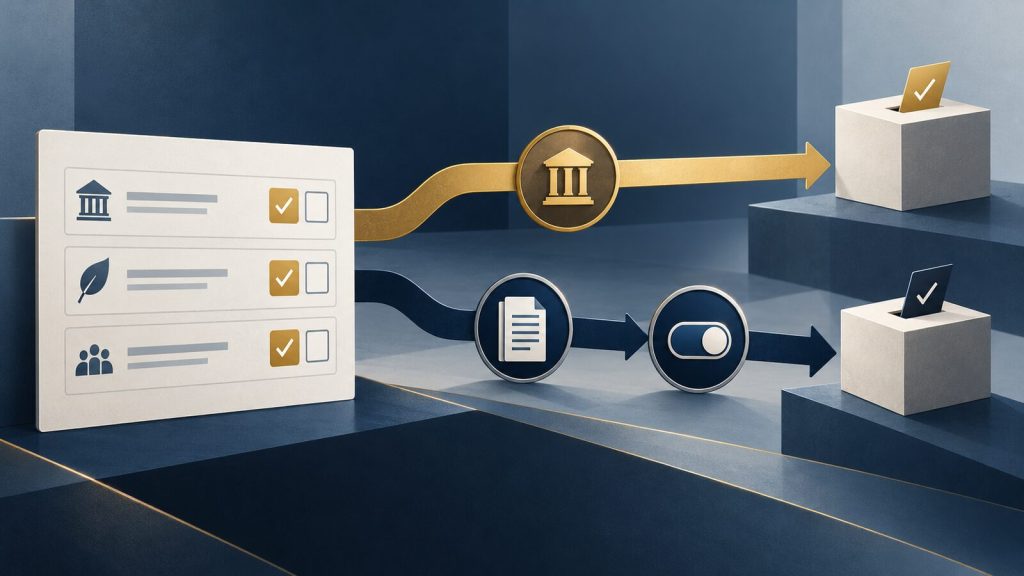 Retail shareholder voting paths showing a board-aligned default and a third-party recommendation route with disclosure and override controls