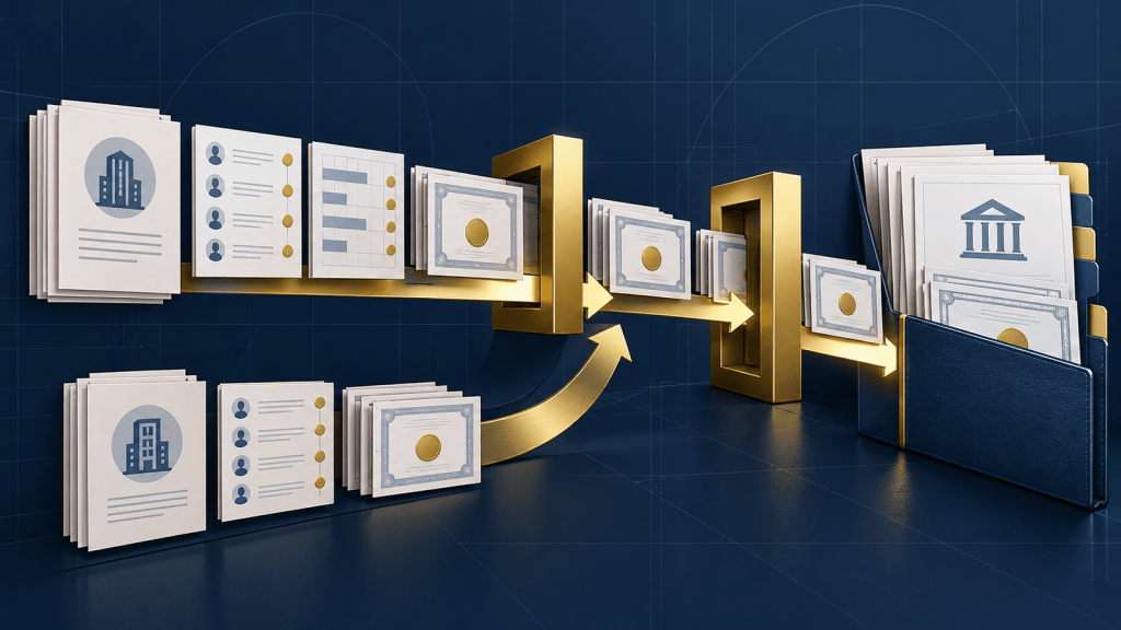 Editorial illustration of equity award records moving through control gates into a consolidated public-company filing, with an acquisition ledger joining the transition.