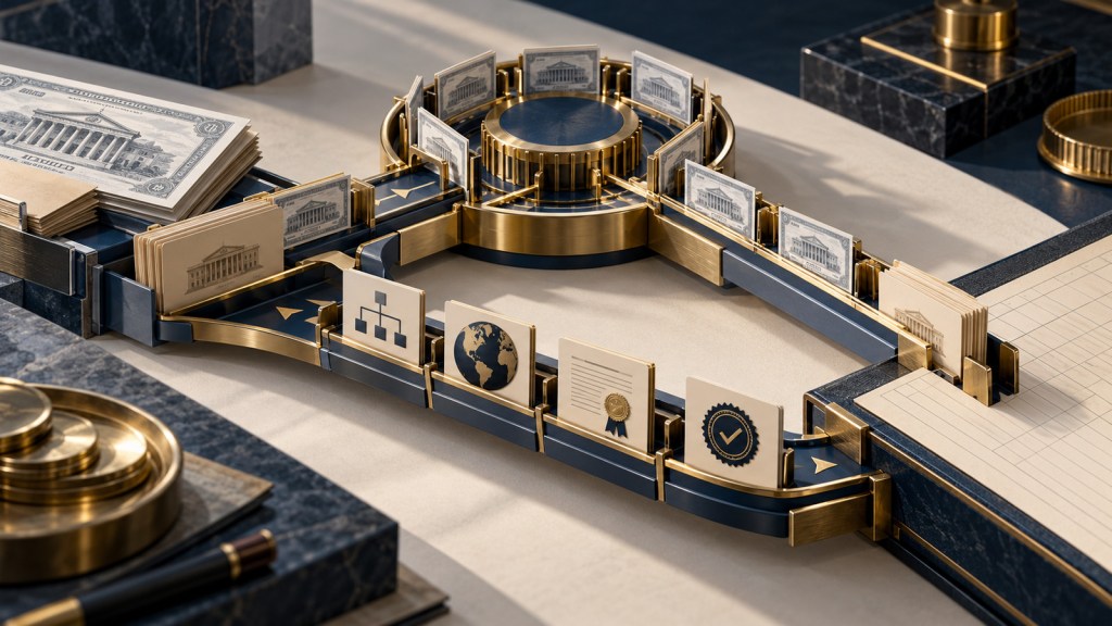 Editorial illustration of Treasury securities moving through a central clearing hub and a separate compliance path for entity, cross-border and attestation checks.