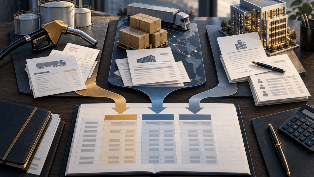 Three finance forecast lanes for fuel costs, supplier pass-through and recurring services converging into separate spreadsheet scenarios.