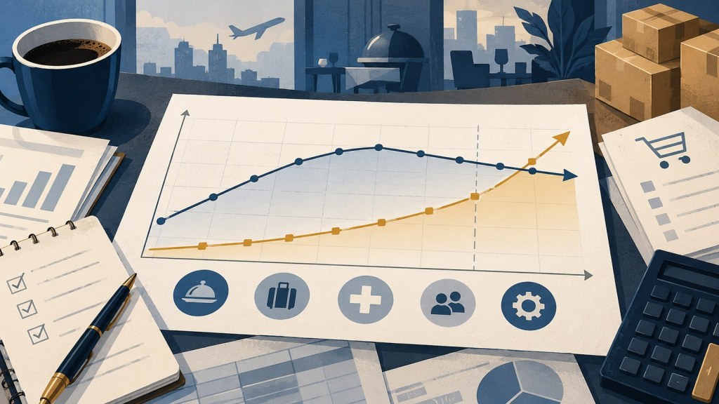 Editorial illustration of a planning desk with a flattening growth path and rising cost-pressure path, representing slower services growth and higher input costs.