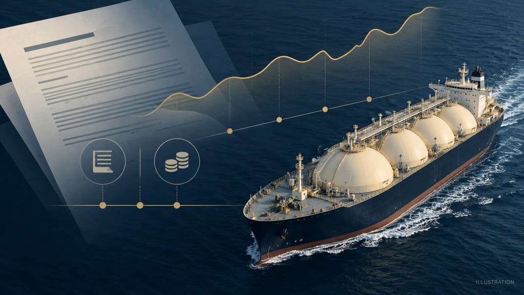 Illustration of an LNG vessel beside a lease contract and index curve, representing index-linked shipping lease liabilities.