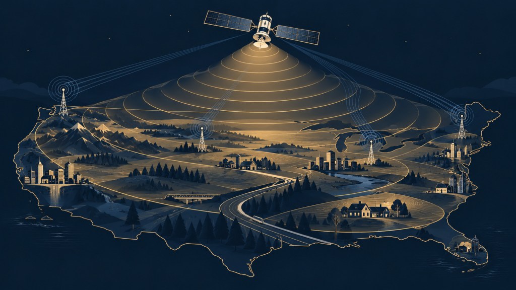 Editorial illustration of nationwide low-band spectrum connecting satellites and ground infrastructure while separate capacity channels remain constrained.