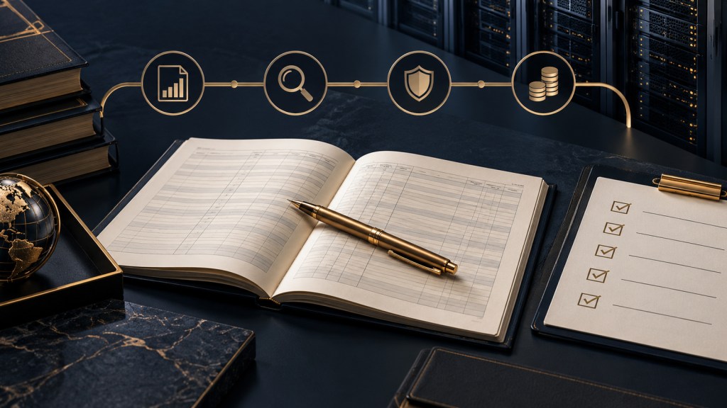 A financial ledger, access-control checklist and server systems connected by a gold control path, representing Super Micro’s CFO transition and unfinished IT-control remediation.