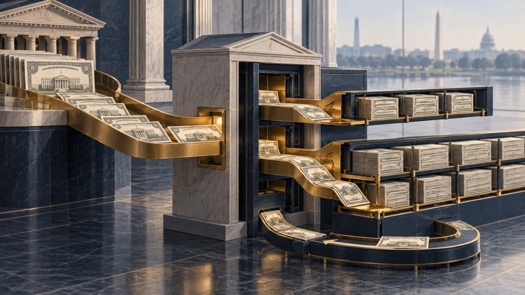 Editorial illustration of Treasury securities moving through dealer balance-sheet channels into inventory and client-financing capacity.