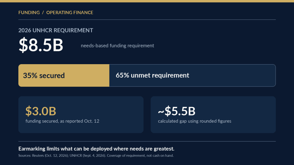 Sourced chart showing UNHCR's $8.5 billion 2026 funding requirement, with about $3.0 billion (35%) secured and an estimated $5.5 billion (65%) unmet as reported October 12, 2026.