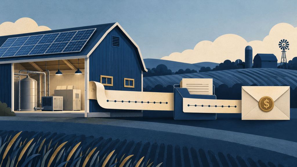 Editorial illustration of a solar-equipped rural farm building connected through a sequence of performance records to a possible future grant payment.